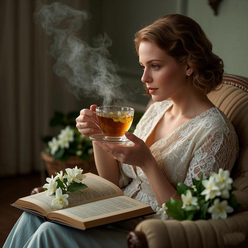 Person relaxing with a cup of jasmine tea for anxiety, creating a calm and peaceful scene
