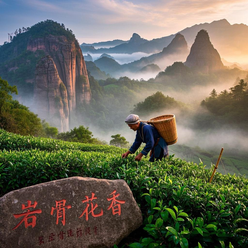 A mist-covered Wuyi Mountain tea garden where farmers harvest Oolong Tea Varieties like Da Hong Pao, with red rocks and terraced tea plants in the background