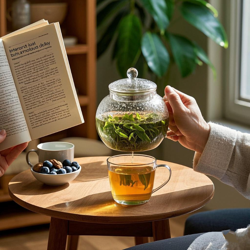 Morning wellness routine showcasing the Health Benefits of Oolong Tea, with a person drinking tea alongside research materials and nutritious snacks