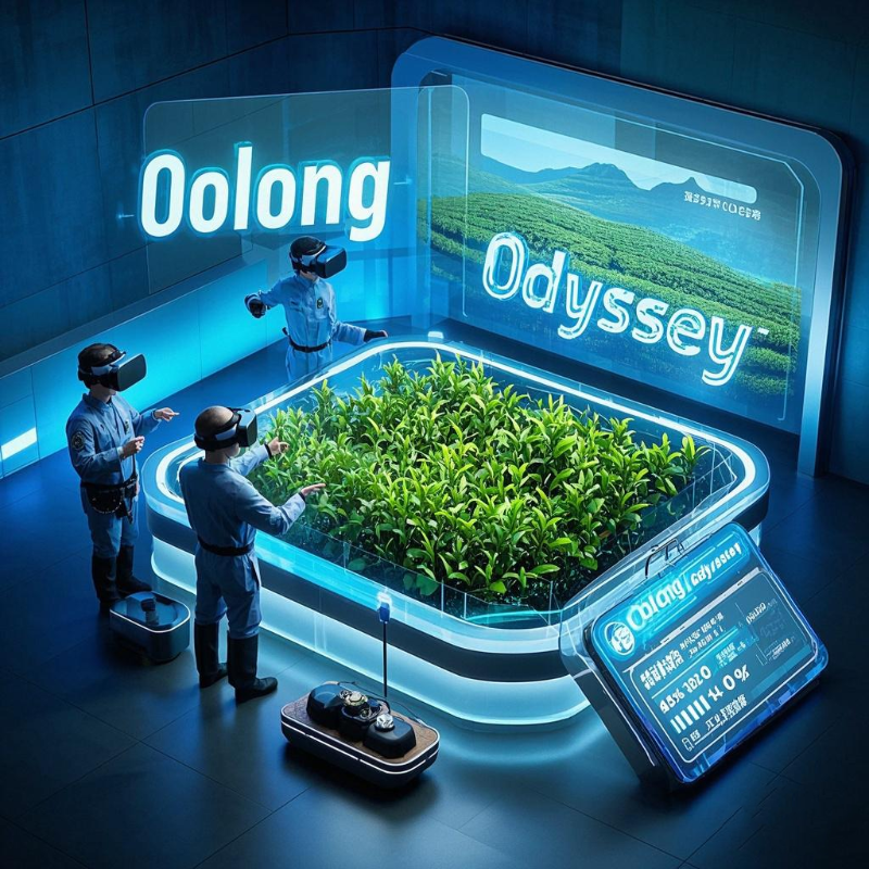 VR technology used in an oolong tea commercial campaign, where users pick virtual tea leaves in a digital Alishan garden experience."