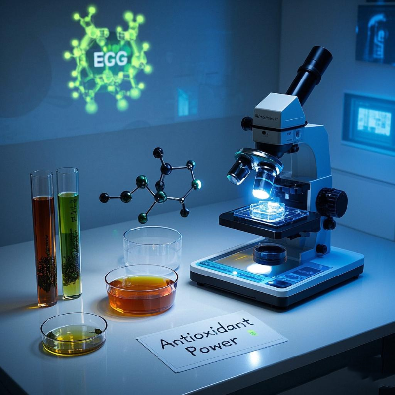 Laboratory setup showcasing oolong tea benefits informational through antioxidant research, featuring microscopes, tea samples, and EGCG molecular models