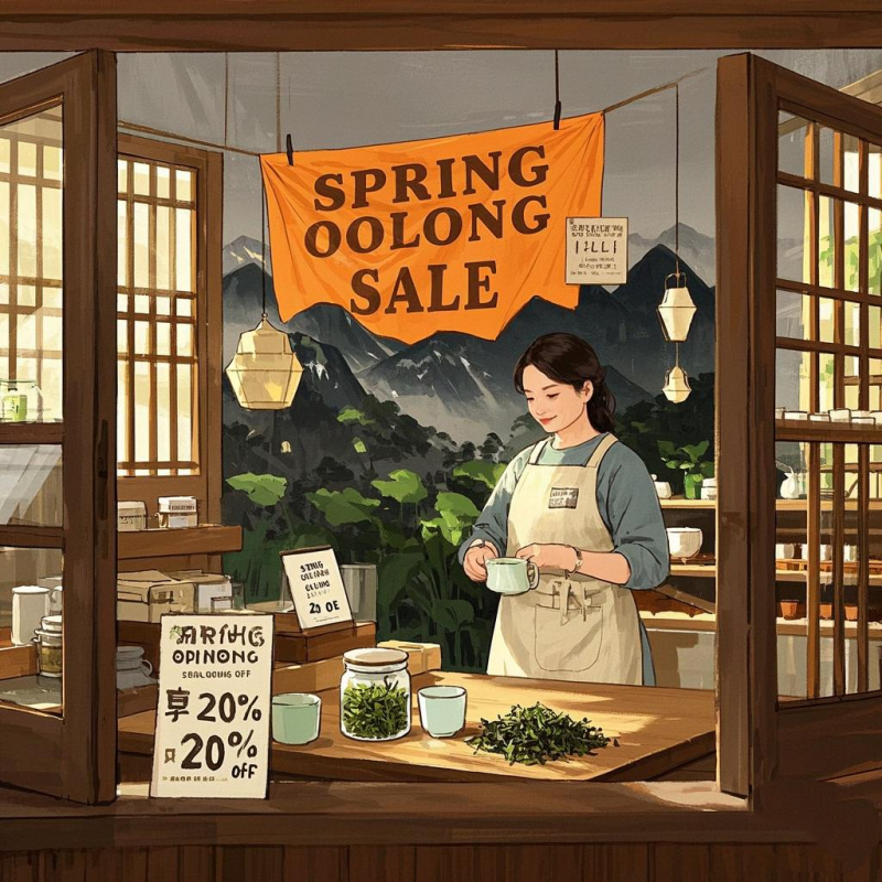 Brick-and-mortar tea shop displaying Oolong Tea Oolong Tea Transactional spring sale banners, with staff packaging fresh harvest oolongs and discount codes visible