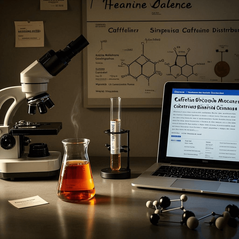 Laboratory scene researching if does oolong tea have caffeine, showcasing microscopes, tea samples, and a caffeine molecular model