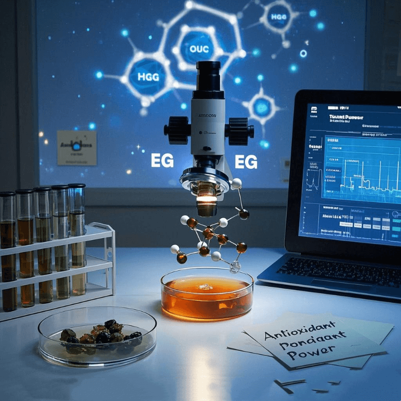 Laboratory setup demonstrating antioxidant advantages of oolong tea, featuring EGCG molecular models and scientific research data