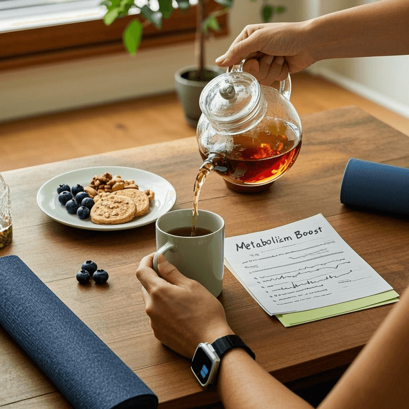 Morning routine showcasing metabolic advantages of oolong tea with brewed tea, nutritional snacks, and metabolic rate charts