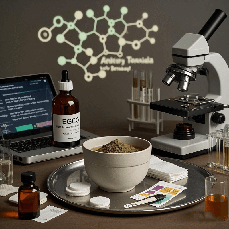 Laboratory setup demonstrating beauty uses of oolong tea, featuring antioxidant formulas and scientific research data