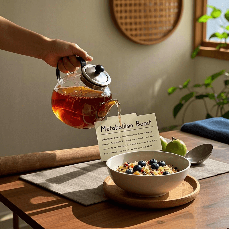 Morning wellness scene showcasing daily uses of oolong tea for metabolism support and holistic health routines