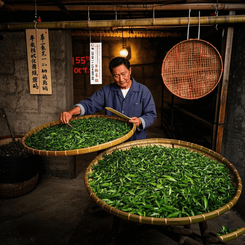 Traditional oolong tea processing scene demonstrating what is a oolong tea through leaf withering and oxidation steps