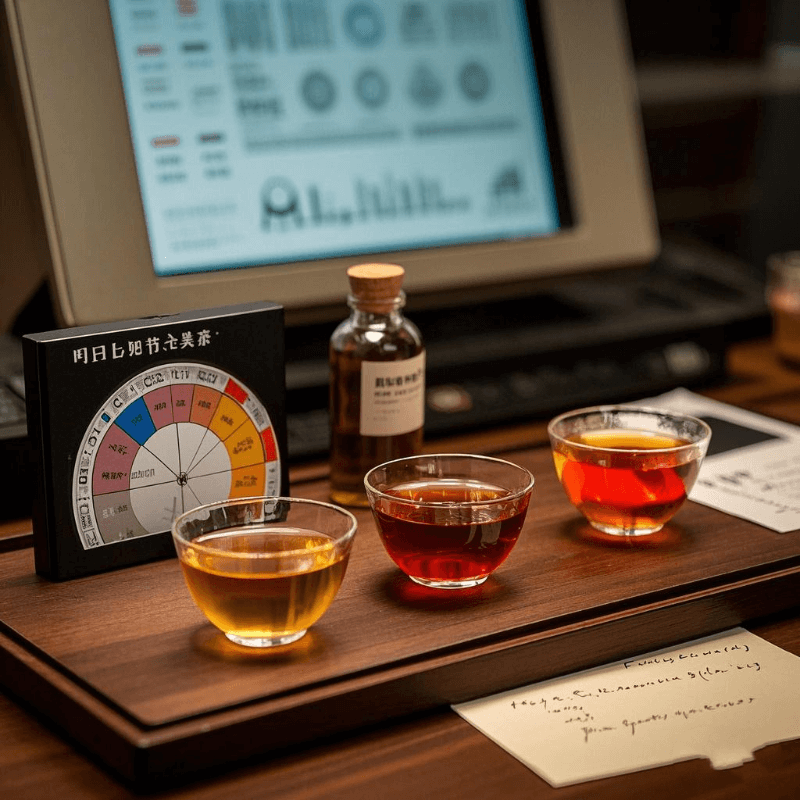 Tasting table showcasing flavor profiles of what is a oolong tea, featuring light, medium, and dark oxidized varieties with aroma samples