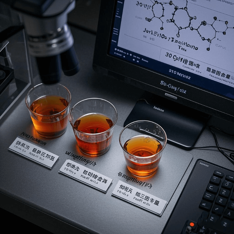 Scientific analysis of whether is oolong tea caffeinated, showing microscope images and caffeine data charts