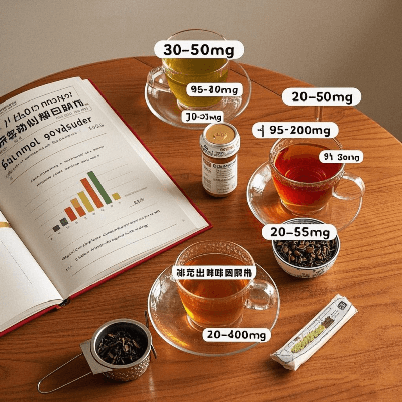 Visual comparison answering is oolong tea caffeinated, with health warnings and brewing temperature guidelines