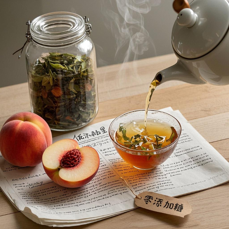 Arrangement of peach oolong tea ingredients with fresh peaches, tea leaves, and brewing tools