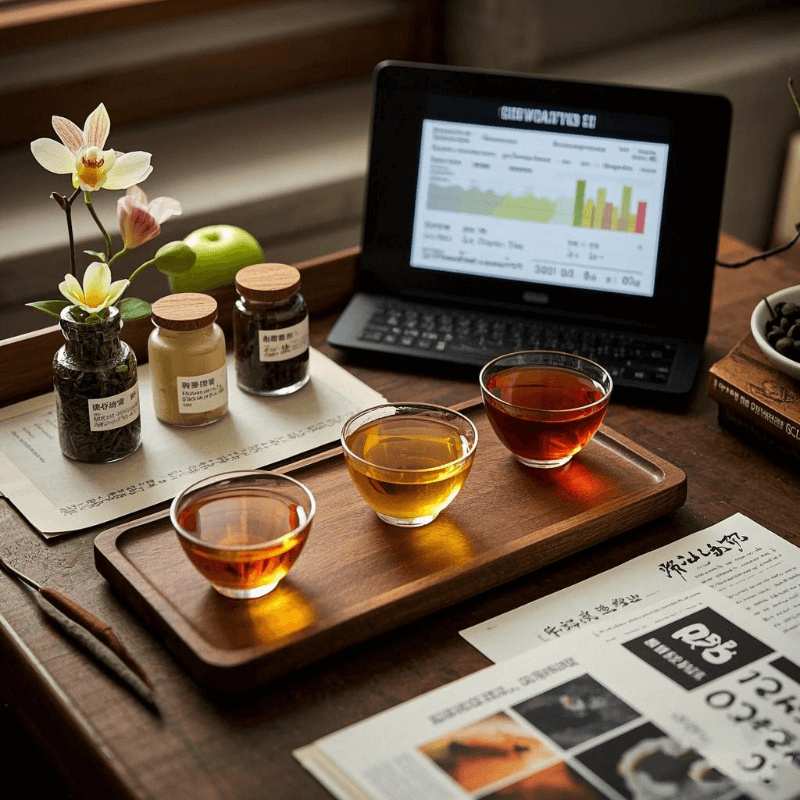 Tasting setup uncovering what does oolong tea taste like, featuring light, medium, and dark oxidized varieties with flavor samples