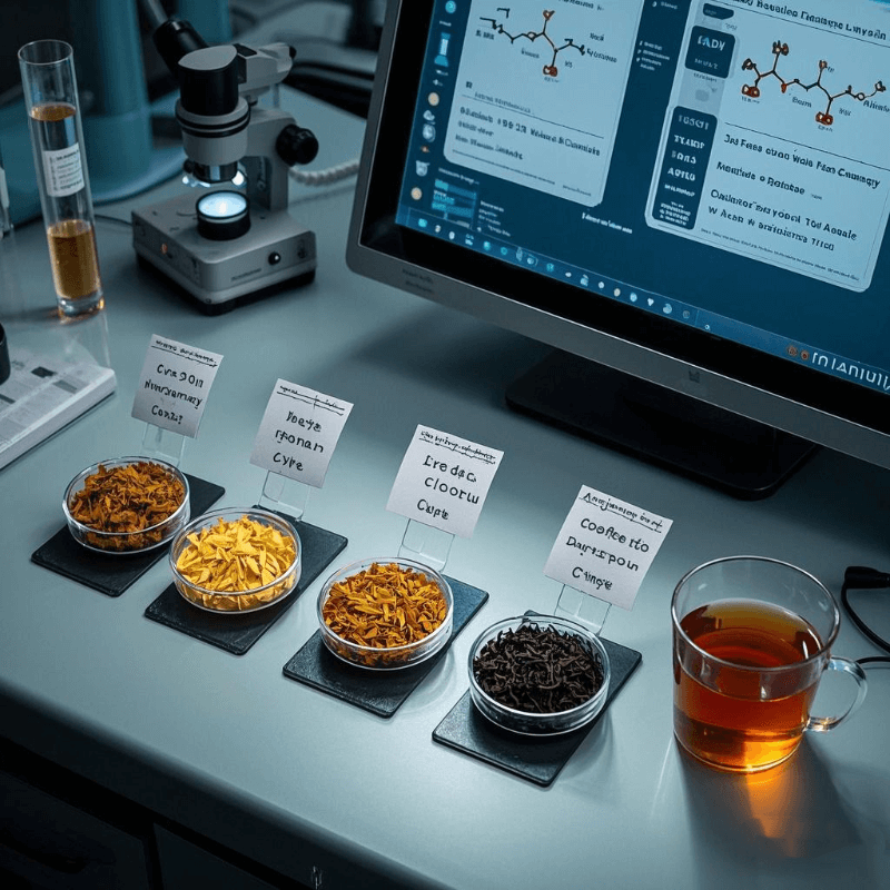 Microscope analysis showing how much caffeine in oolong tea, with oxidized tea samples and scientific data charts