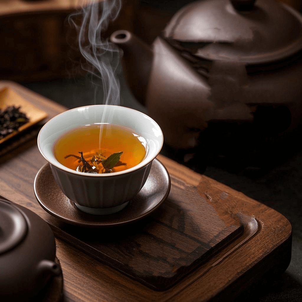 Brewing demonstration of milk oolong tea with health comparison chart, showing antioxidant data and recommended teaware