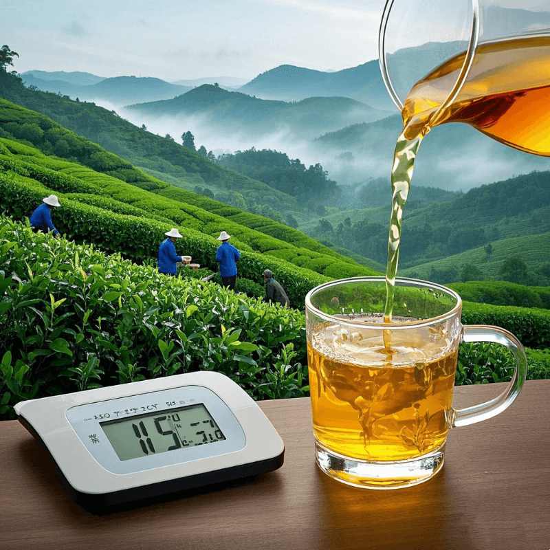 High-altitude tea garden with brewing tools, showing how oxidation affects caffeine in oolong tea