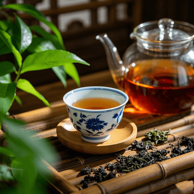 A serene flat lay of traditional oolong tea in a Chinese porcelain cup on a bamboo tea tray, with loose leaves and a glass teapot in soft sunlight—an inviting visual exploring the question, Is Oolong Tea Good for You?