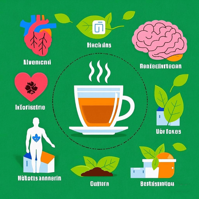 An infographic-style image featuring icons for heart, brain, metabolism, and antioxidants circling a steaming cup of tea, designed to visually answer the question Is Oolong Tea Good for You through its scientifically backed health benefits.