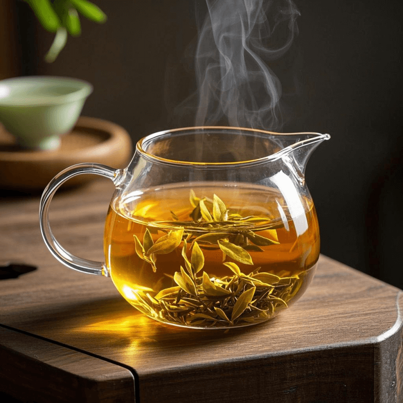 A photo-realistic scene showing golden oolong tea steeping in a glass teapot with curled leaves beside it, representing purity and tradition—perfectly capturing the essence behind the question Is Oolong Tea Good for You.