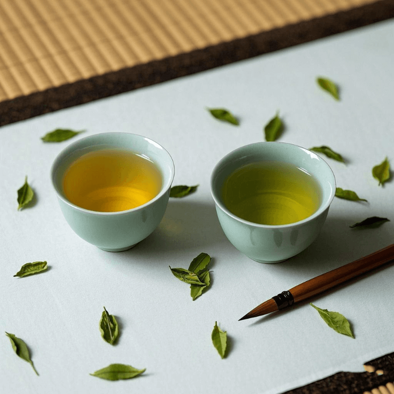 A serene comparison of oolong tea and green tea served in traditional cups on a bamboo tray, highlighting their distinct colors and cultural elegance. Perfect for understanding the differences in "oolong tea vs green tea