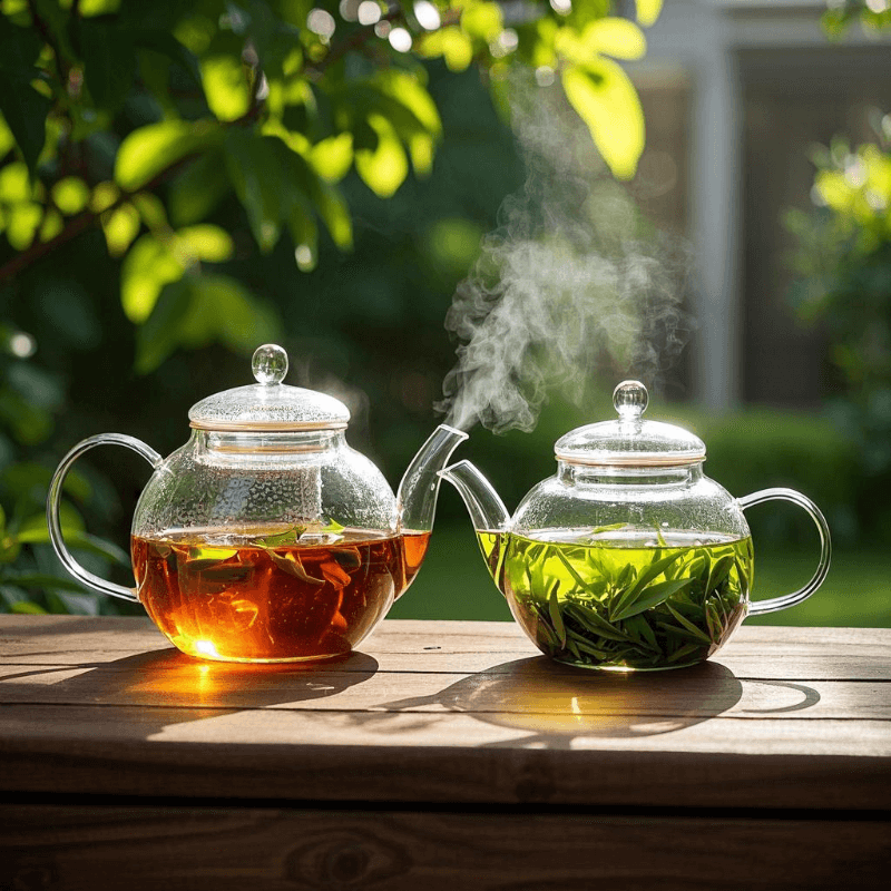 Photo-realistic image of two glass teapots brewing oolong and green tea side by side, with steam rising and sunlight illuminating the amber and green colors—inviting viewers to ask: is oolong tea good for you?