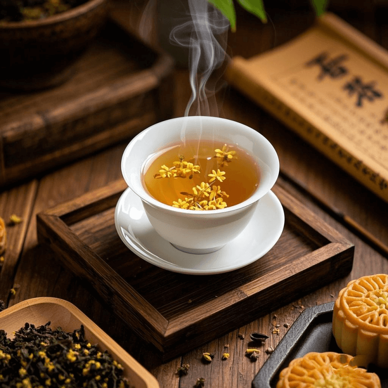 A serene tea scene featuring osmanthus oolong tea brewed in a white porcelain gaiwan, surrounded by loose oolong leaves and fresh osmanthus blossoms on a bamboo tray, with soft natural lighting and a calming traditional Chinese setting