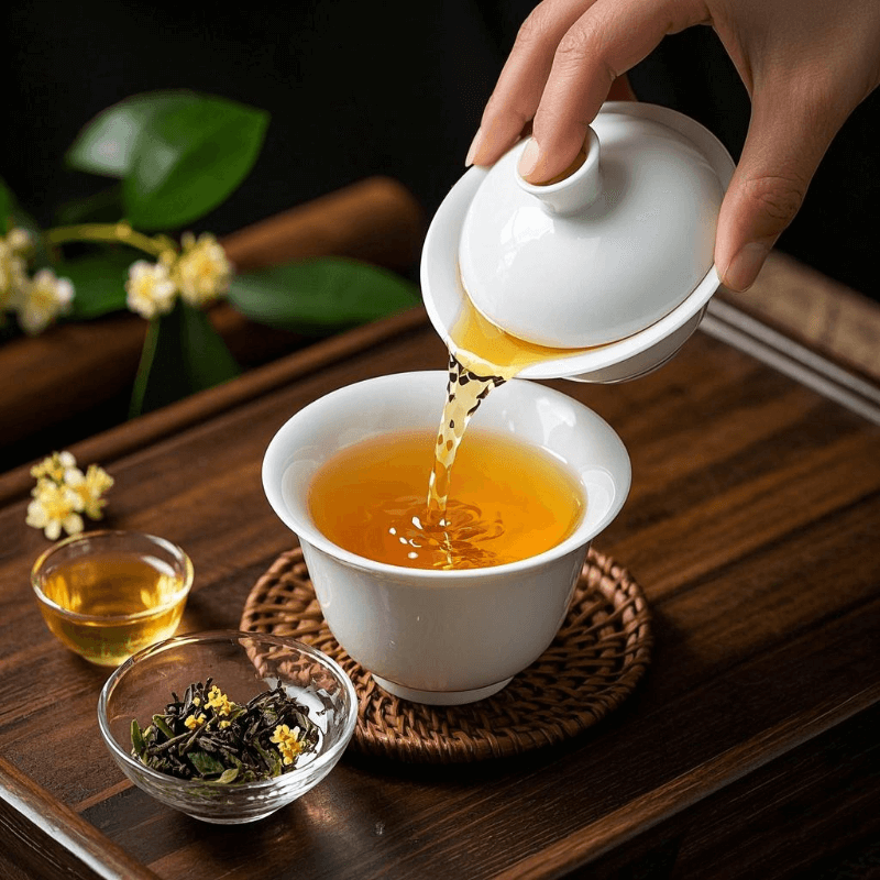 Close-up of osmanthus oolong tea being brewed in a gaiwan on a bamboo tea tray, with golden tea being poured into a small glass teacup and fresh osmanthus flowers accenting the scene, capturing the elegant aroma and brewing ritual