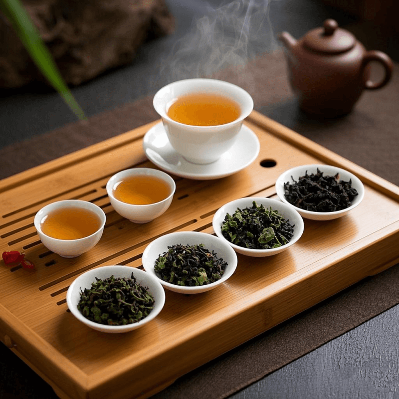 A top-rated oolong tea selection beautifully displayed on a bamboo tray, featuring Tieguanyin, Da Hong Pao, Jin Xuan, and Oriental Beauty teas with elegant teaware and steam rising from teacups – a premium introduction to the best oolong teas for connoisseurs