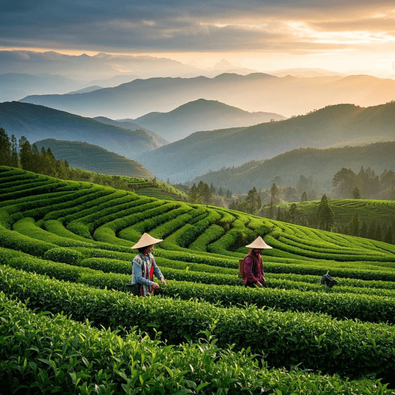 A serene morning view of an organic oolong tea plantation nestled in the mountains, with farmers handpicking tea leaves under soft sunlight — a symbol of natural, sustainable tea cultivation