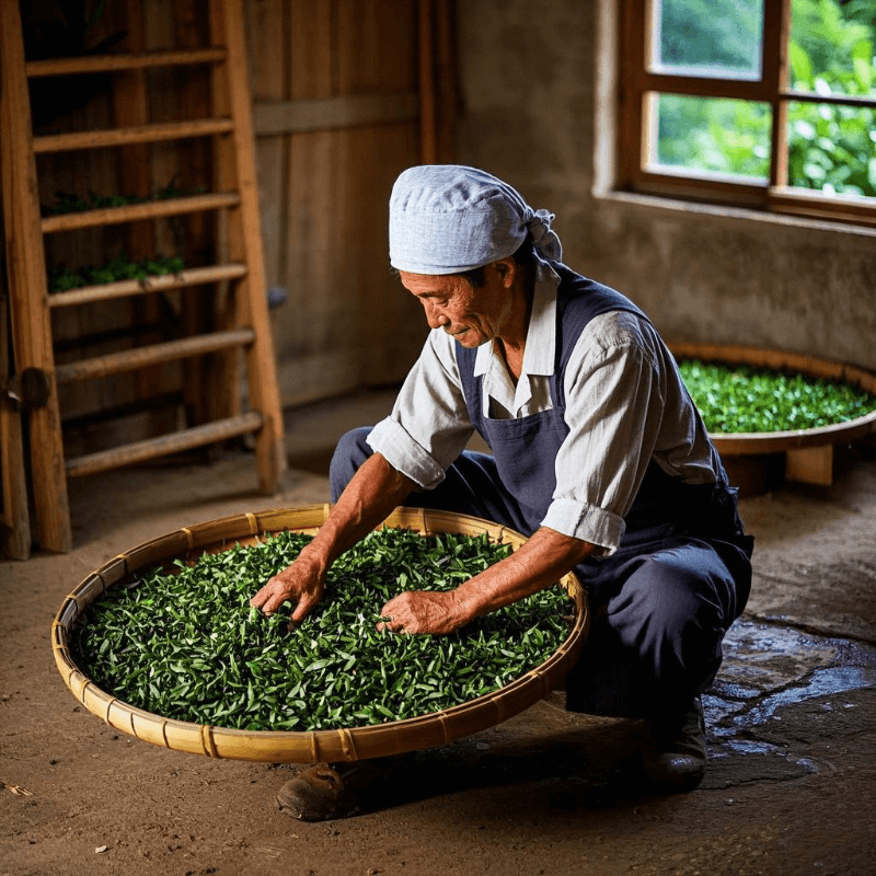 Traditional tea artisans manually processing organic oolong tea leaves on bamboo trays in a clean, rustic workshop — highlighting the purity and craftsmanship of organic tea production