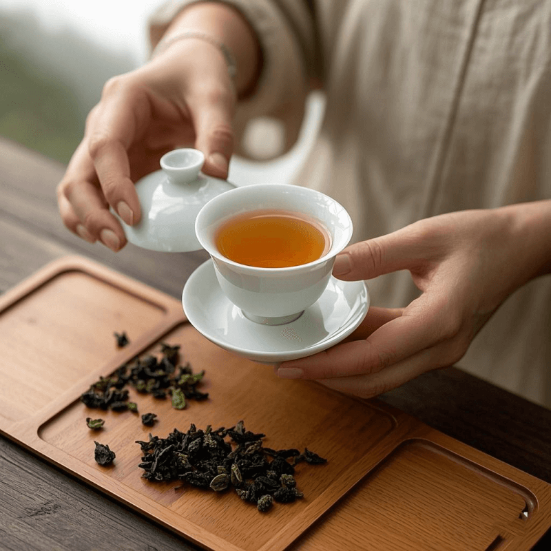 A freshly brewed cup of organic oolong tea served in a white porcelain gaiwan on a wooden tray, surrounded by loose tea leaves and minimalistic teaware — capturing the essence of mindful tea drinking.