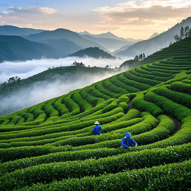 Scenic view of misty tea terraces in Anxi, Fujian, where farmers handpick Tieguanyin oolong tea leaves at sunrise, highlighting the tea’s natural and cultural heritage