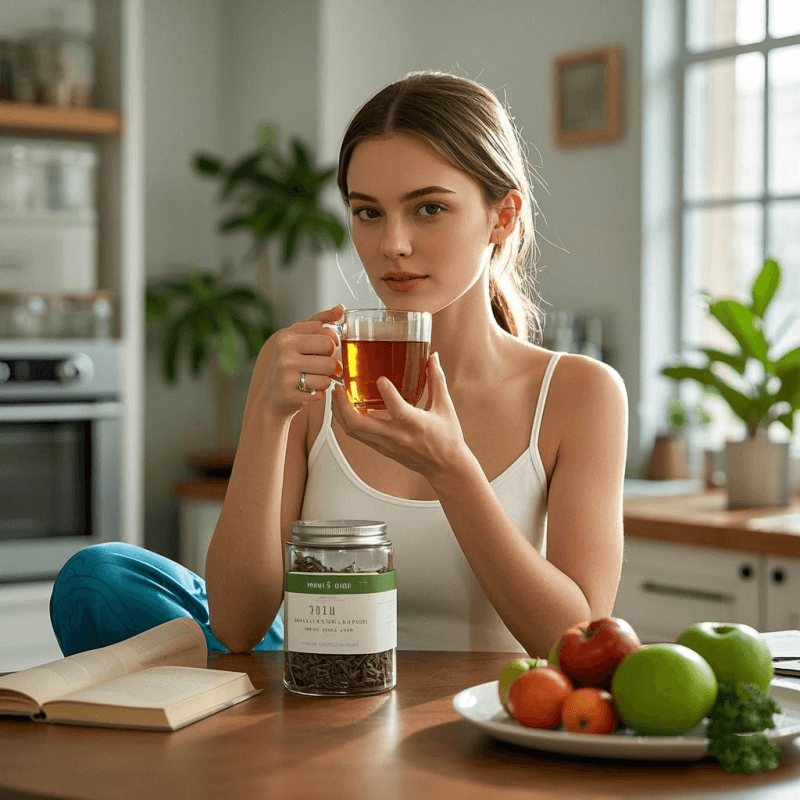 A young woman enjoying a cup of Tieguanyin oolong tea in a sunlit modern kitchen, with fresh fruit and a tea canister on the table, conveying a balanced and healthy lifestyle