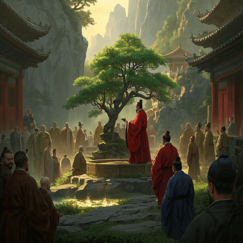 A historical scene depicting the origin of Da Hong Pao oolong tea, where an imperial scholar drapes a red robe over ancient tea bushes on a Wuyi cliff — a visual tribute to the legendary naming of this iconic Chinese rock tea