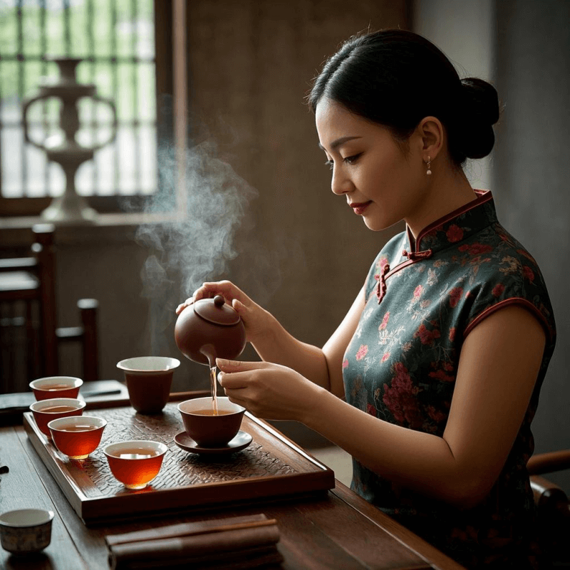 A traditional gongfu brewing ritual of Da Hong Pao oolong tea, featuring a Yixing teapot, gaiwan, and steaming amber tea, capturing the elegance and precision of preparing this legendary rock oolong.
