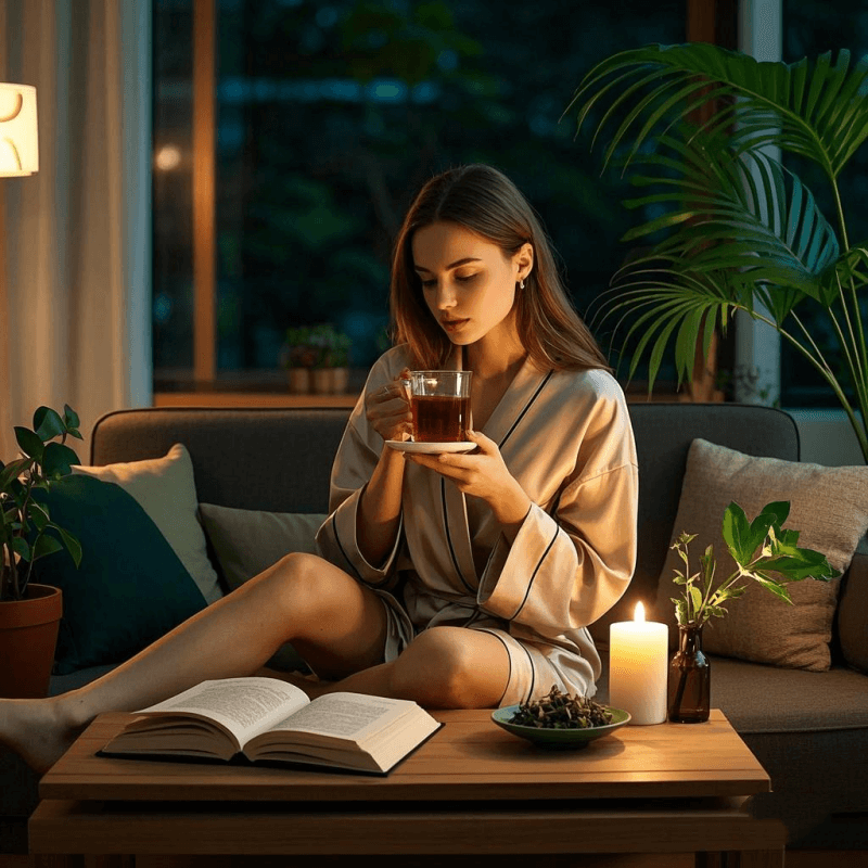 A cozy nighttime scene of a young woman relaxing with a cup of decaf oolong tea on a sofa, highlighting the calming benefits of caffeine-free oolong before bed