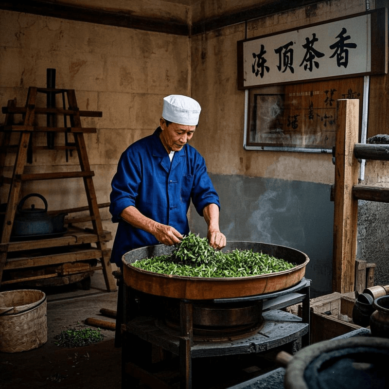 A traditional tea master processes Dong Ding oolong tea by hand inside a rustic Taiwanese tea workshop. The scene showcases essential tools used in making semi-fermented tea, including bamboo trays and a charcoal oven, capturing the craftsmanship and heritage of high-mountain oolong production.