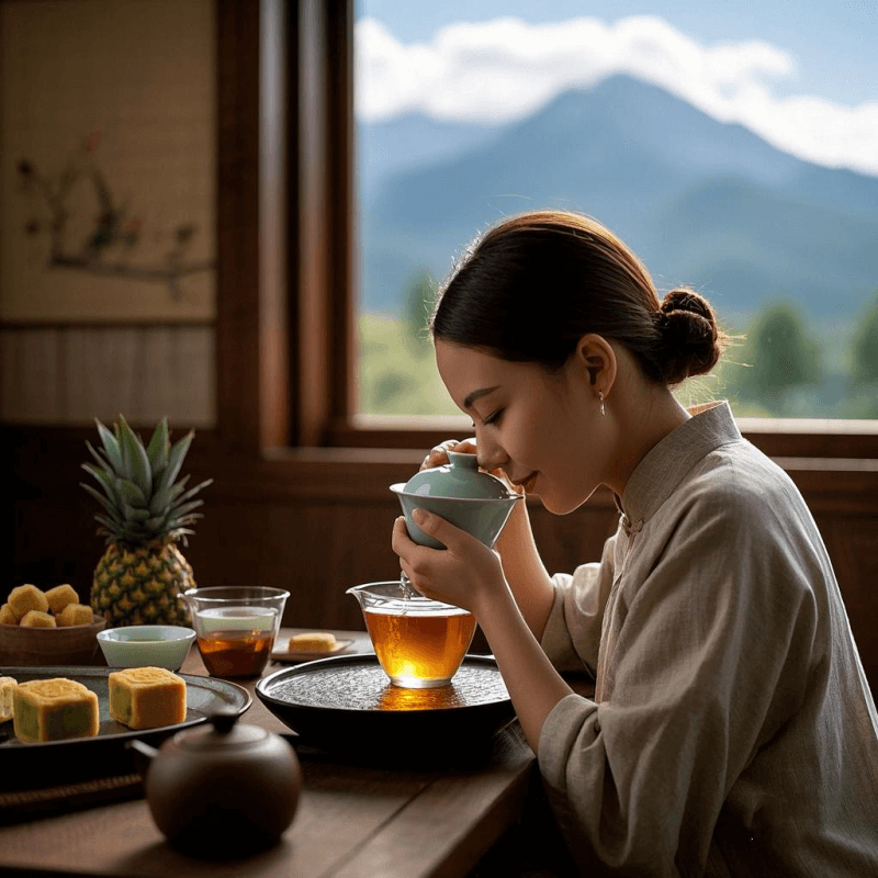 A serene tea ceremony featuring Dong Ding oolong tea, with a woman gently savoring the aroma using a gaiwan. The amber liquor of the semi-fermented tea glows under natural light, accompanied by Taiwanese tea snacks, creating a peaceful and authentic tea-drinking experience.