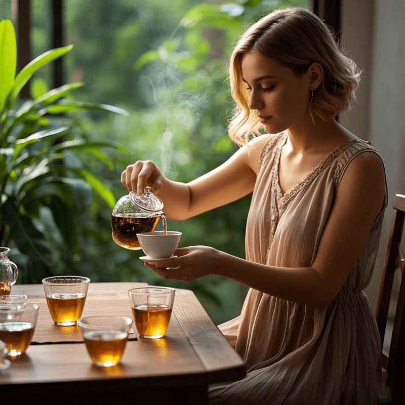 Asian woman gracefully brewing loose leaf oolong tea in a traditional gaiwan, with steam rising from golden tea liquor in glass cups, creating a serene and immersive tea-drinking atmosphere.