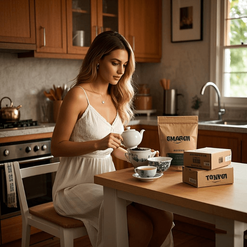 A tea enthusiast brewing premium oolong tea from Amazon using a traditional gaiwan, with various Amazon oolong tea packages displayed on a wooden table.