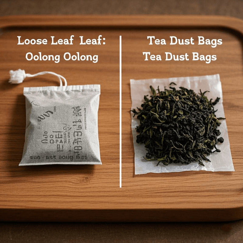 Visual comparison of two oolong tea Amazon products: one featuring high-quality loose leaf oolong tea and the other showing low-grade tea bags, emphasizing product differences.