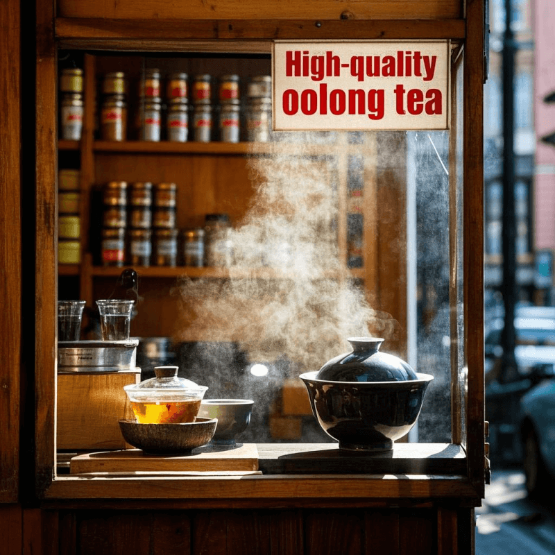A cozy Chinatown tea shop with shelves of premium loose leaf oolong tea canisters, traditional teaware on display, and a visible sign reading “High Quality Oolong Tea” – a perfect visual for those searching for oolong tea near me