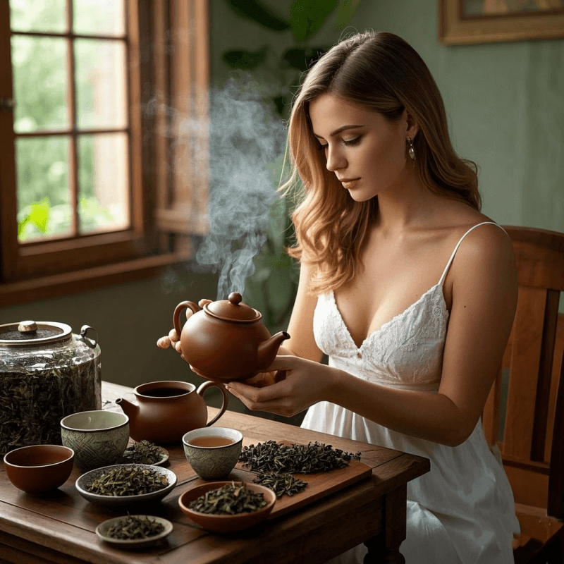 A tea enthusiast brewing oolong tea at home using a Yixing clay teapot, with a smartphone showing local search results for “oolong tea near me” — capturing the modern blend of tradition and convenience.