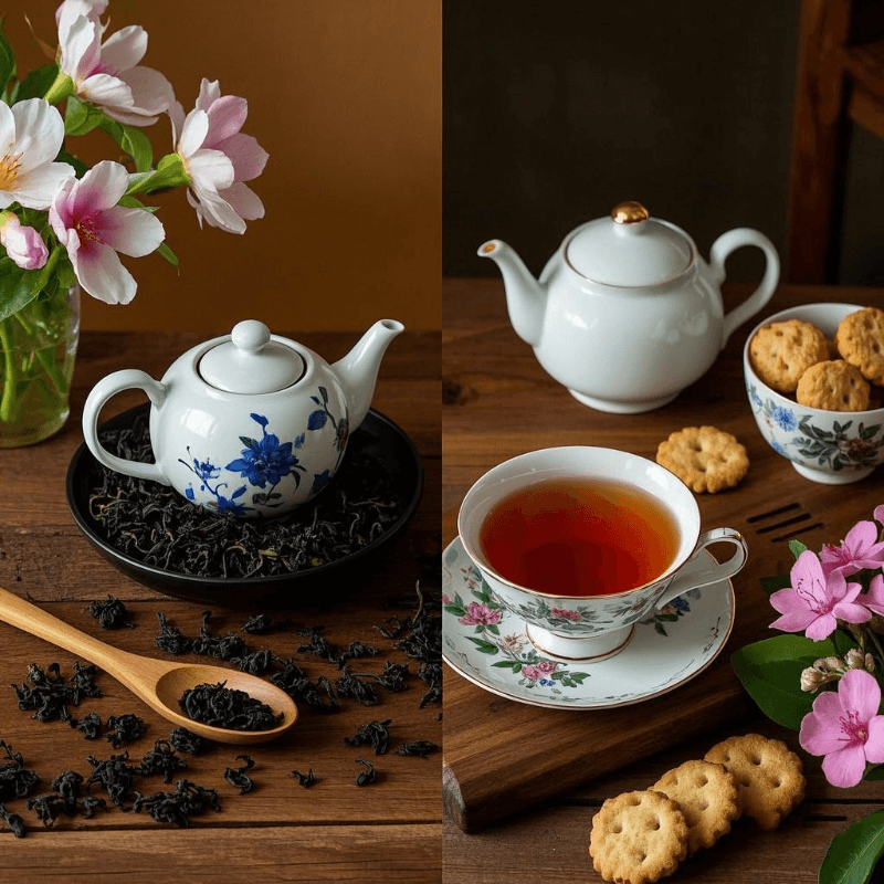Visual comparison of Oolong vs Black Tea in glass cups, highlighting the lighter amber tone of oolong tea and the deep brown color of black tea to emphasize differences in oxidation and flavor