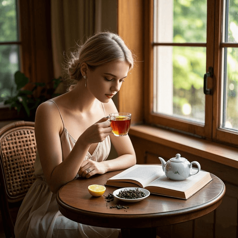A lifestyle flat lay showing oolong tea being brewed in a glass teapot, surrounded by health-related elements like a notebook, fruit, and a fitness tracker, emphasizing the modern wellness benefits oolong tea contributes to daily routines