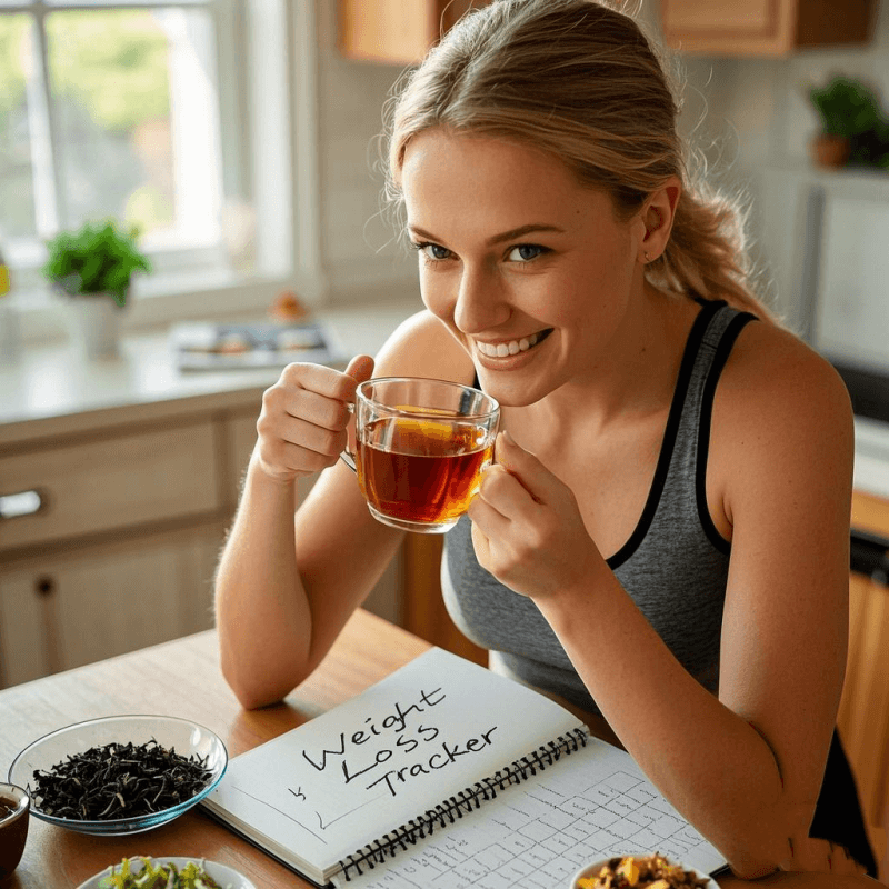 A young woman enjoying a morning cup of oolong tea next to a fitness journal and fresh fruits, illustrating the connection between oolong tea and weight loss through a balanced lifestyle