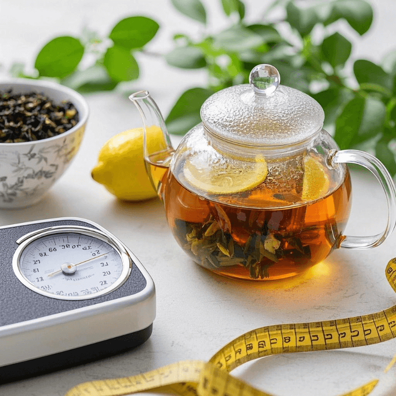 Freshly brewed oolong tea in a glass teapot beside a digital scale and measuring tape, highlighting how oolong tea and weight loss go hand in hand for mindful health management