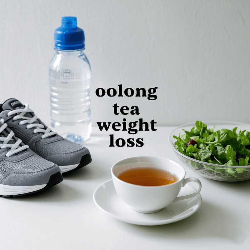 A minimalist flat-lay of oolong tea, workout shoes, and a healthy salad on a white surface, symbolizing the daily wellness routine powered by oolong tea and weight loss goals