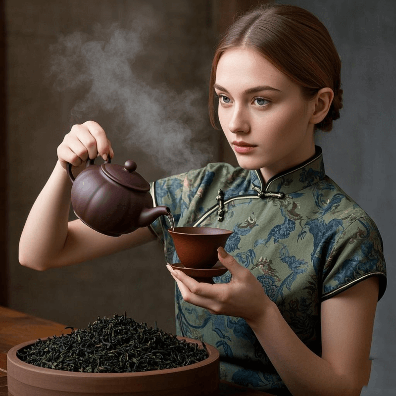 A traditional Chinese Gongfu tea ceremony setup featuring a Yixing clay teapot and a gaiwan with loose-leaf oolong tea, emphasizing the rich and complex Oolong Tea Flavor experienced through artisanal brewing methods