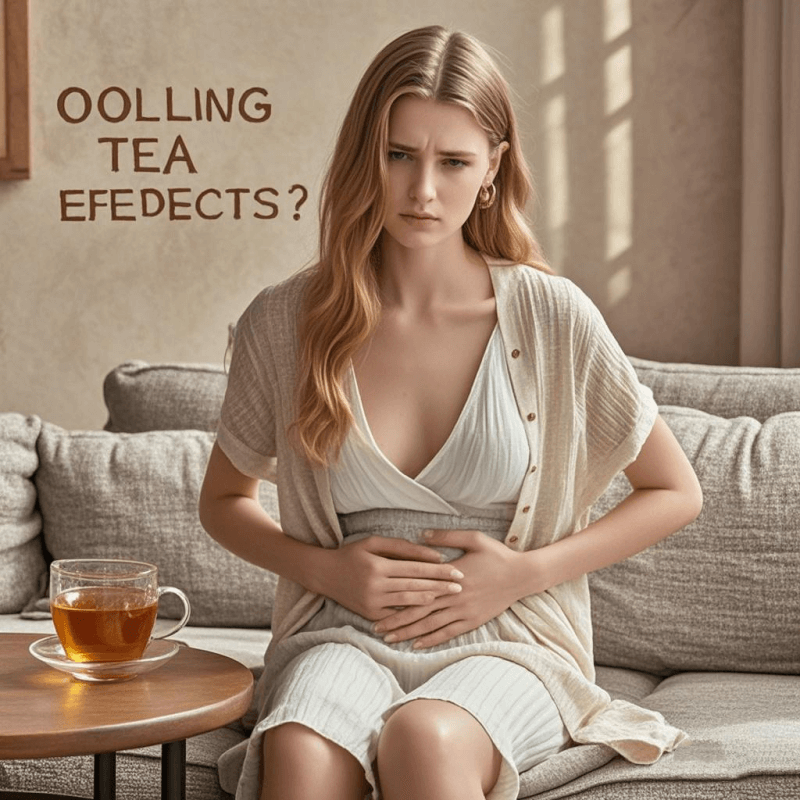 A young woman sitting on a sofa with a slight stomach discomfort while a cup of oolong tea rests on the table, visually illustrating common oolong tea side effects such as digestive issues